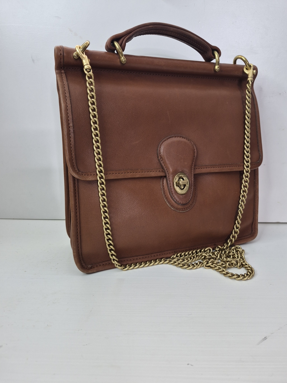 Coach Brown Leather Top-Handle Satchel with Gold Chain Strap - Picture 1 of 9